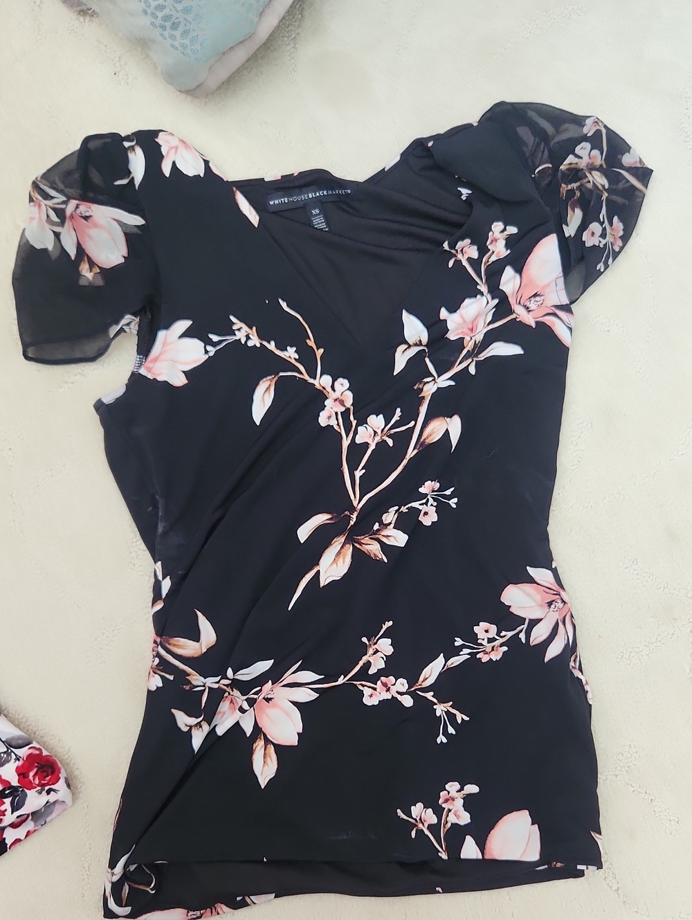 White House Black Market Black Floral V-Neck Top with Pink Accents
